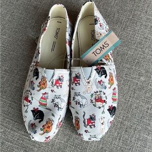 Toms Belmont Holiday Cats Slip On Shoes 7.5 NEW!